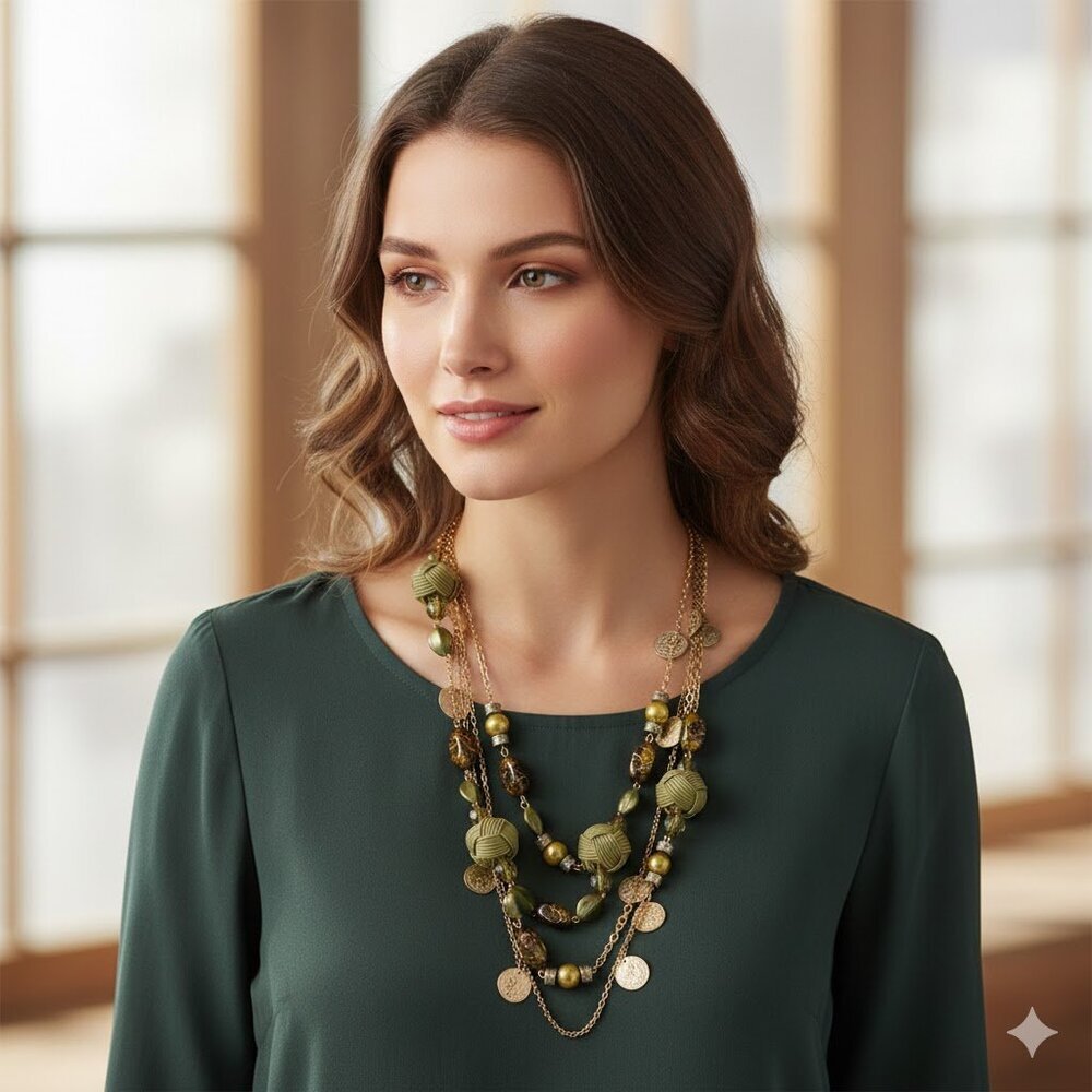 Layered Multi-Strand Green and Gold Boho Necklace